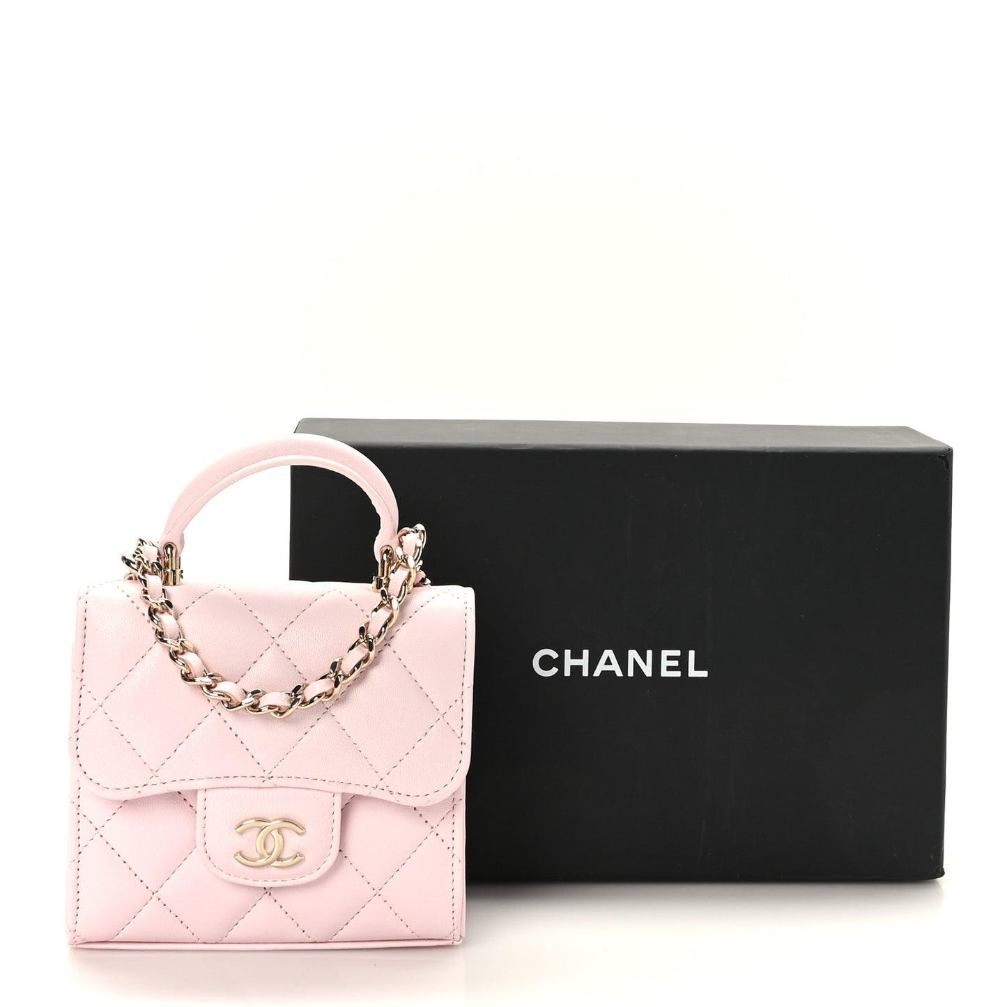 Lambskin Quilted Top Handle Clutch With Chain Light Pink