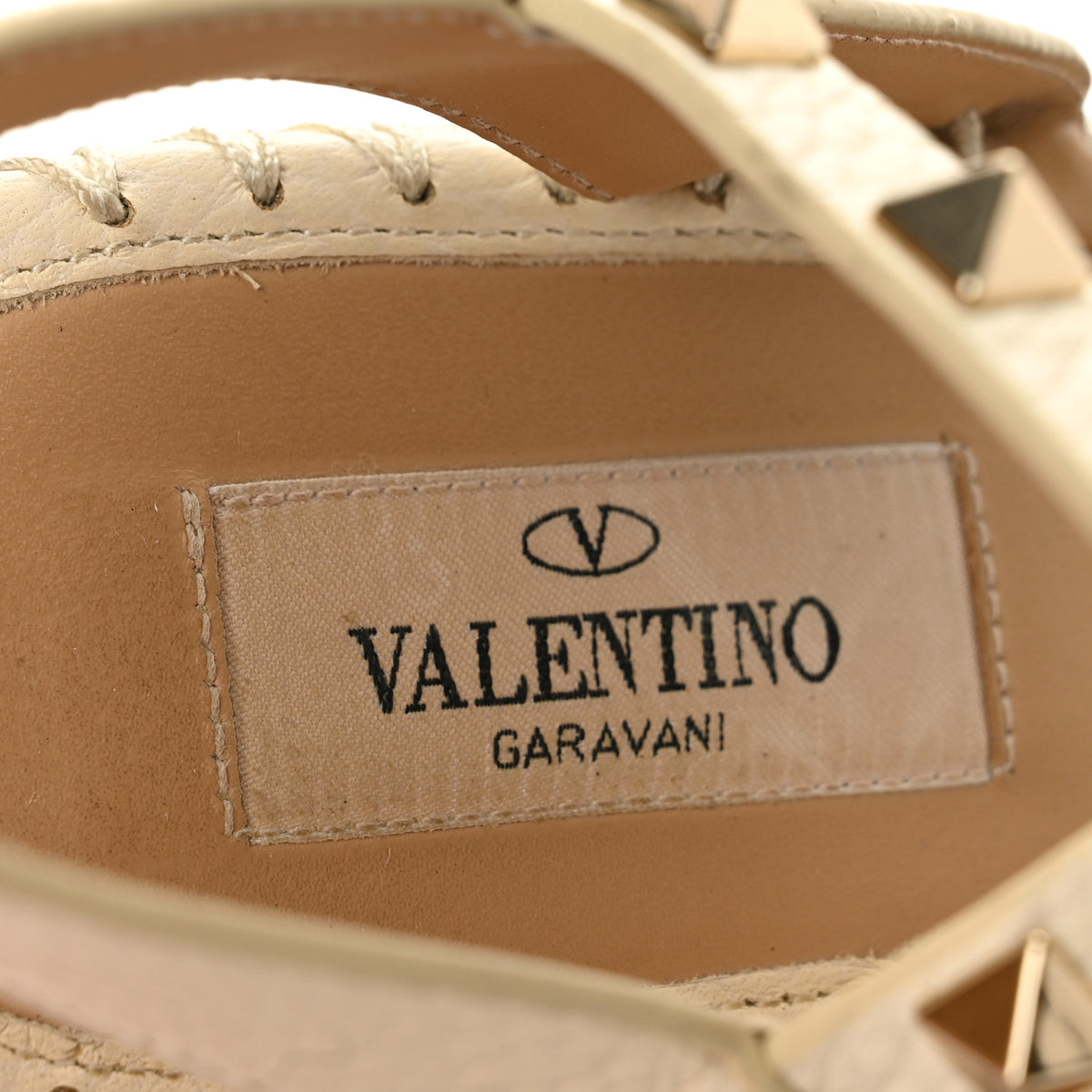 Valentino Garavani Grained Calfskin Rockstud Ankle Strap Espadrille 15/105mm Wedge Sandals 36 Light Ivory Natural 8 of 10