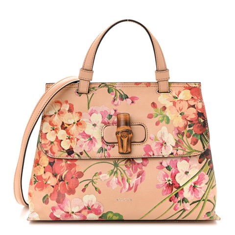 Shangai Calfskin Blooms Print Small Bamboo Daily Top Handle Bag Pink Apricot Multicolor