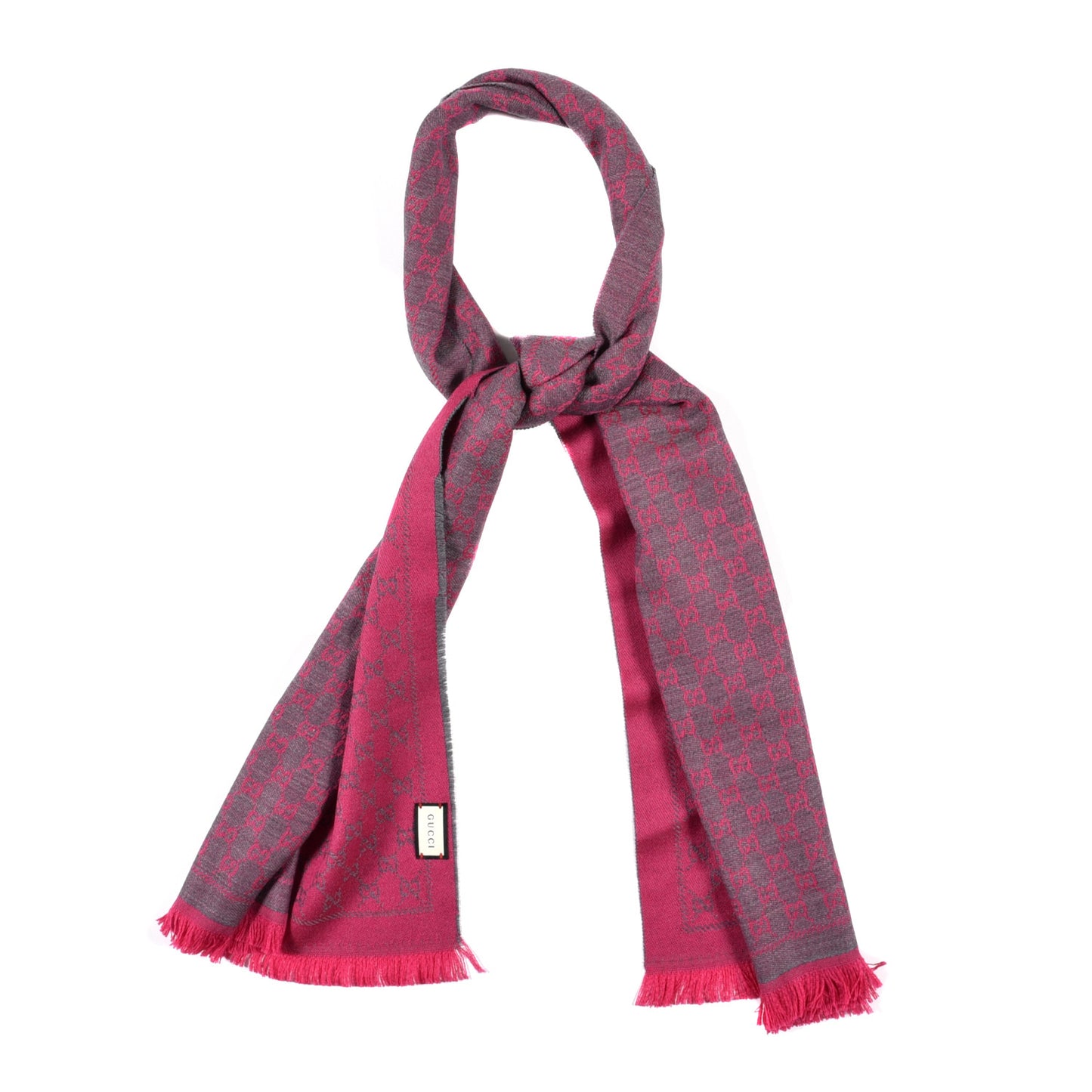 Wool GG Monogram Reversible New Sten Fringe Scarf Graphite Pink