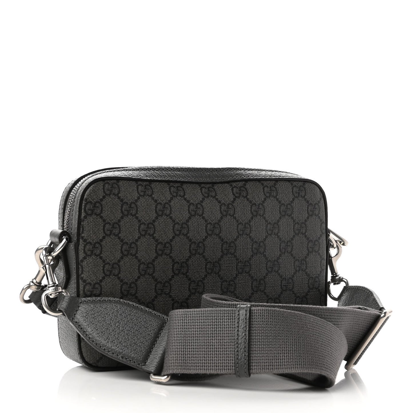 GG Supreme Monogram Textured Dollar Calfskin Web Ophidia Wristlet Shoulder Bag Grey Black Graphite Grey