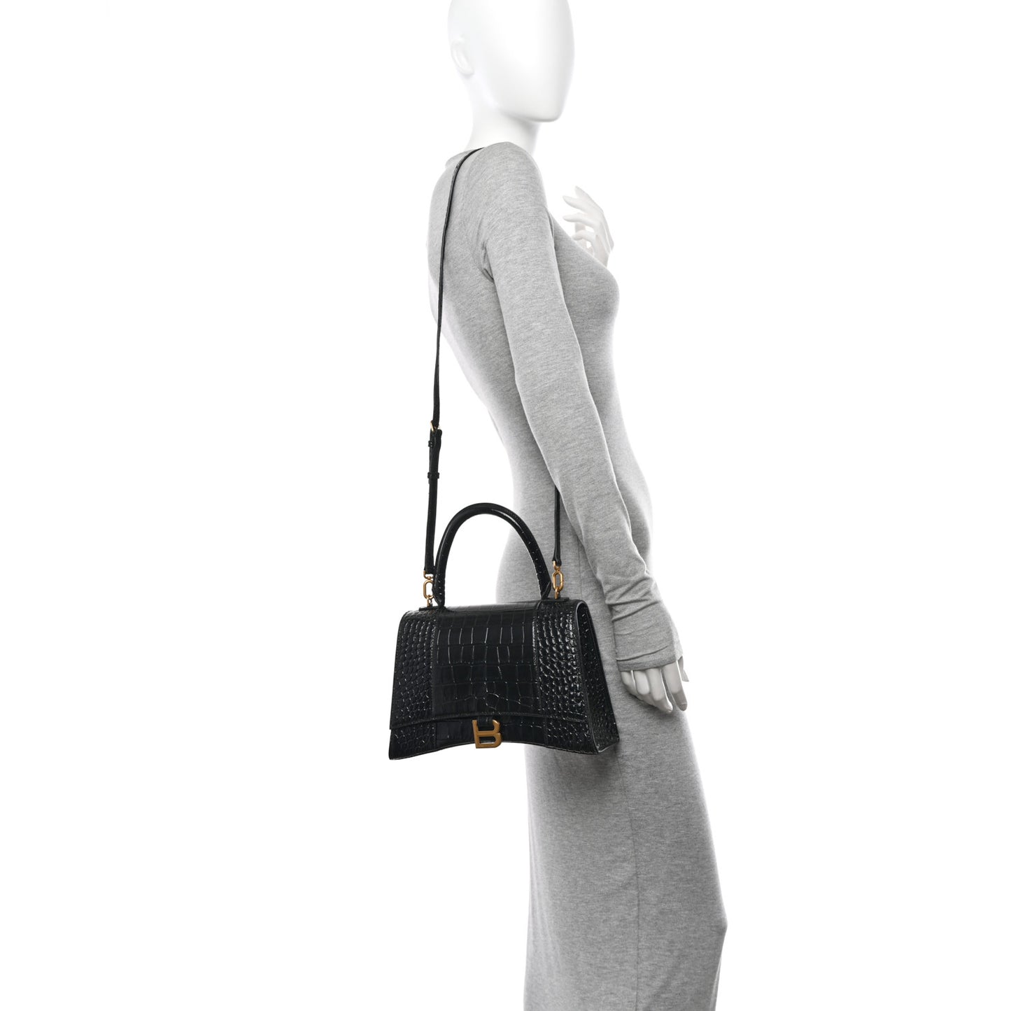 Shiny Calfskin Crocodile Embossed Medium Hourglass Top Handle Bag Black