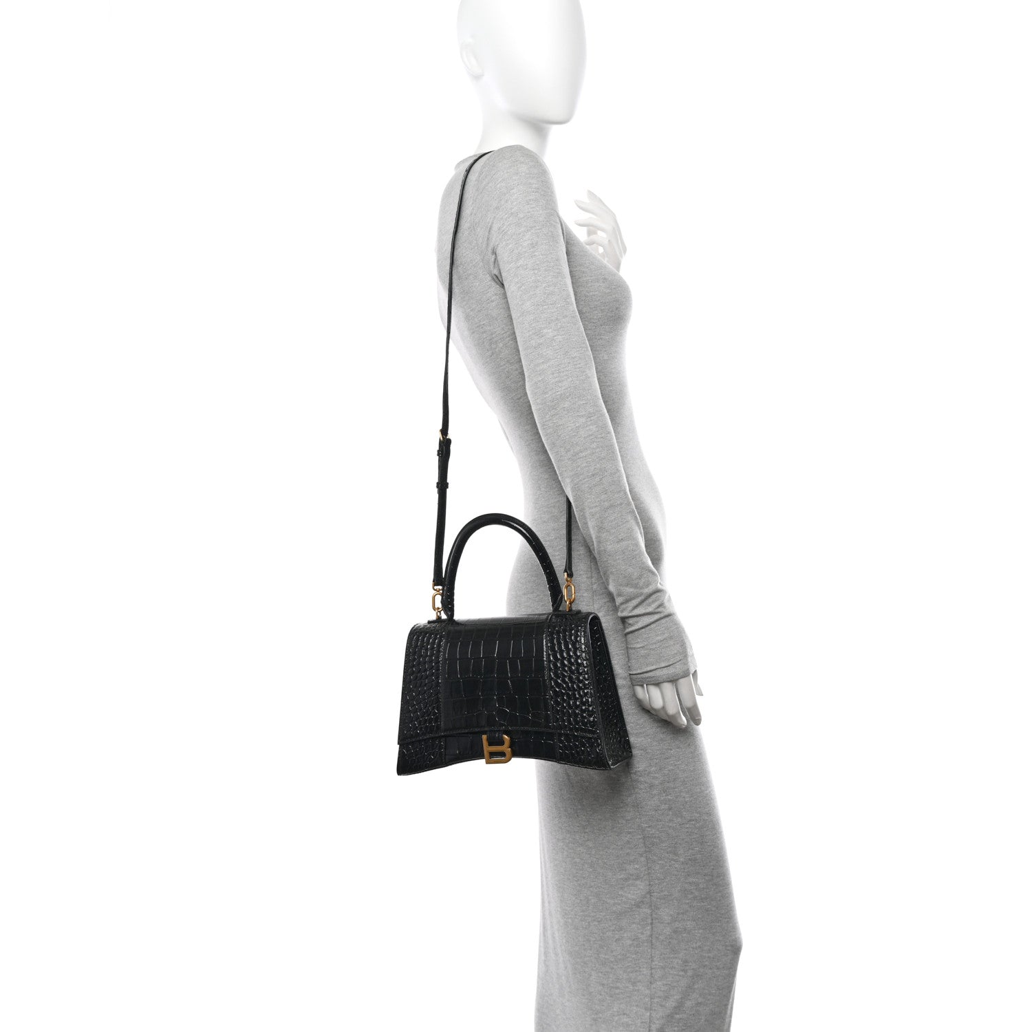 Balenciaga Shiny Calfskin Crocodile Embossed Medium Hourglass Top Handle Bag Black 2 of 13