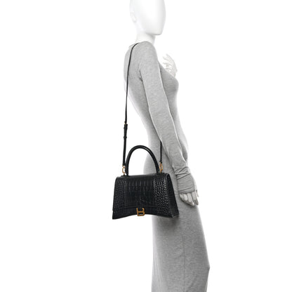 Balenciaga Shiny Calfskin Crocodile Embossed Medium Hourglass Top Handle Bag Black 2 of 13