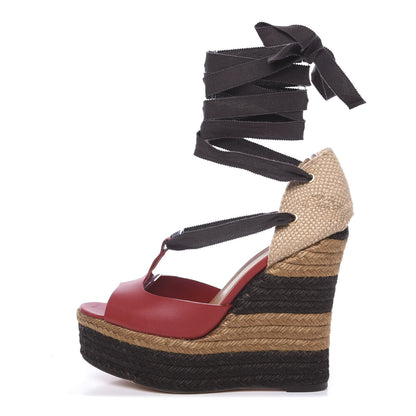 Fendi Vachetta Jute Nastro Espadrille Wedge Sandals 37.5 Rosso Moro 1 of 8