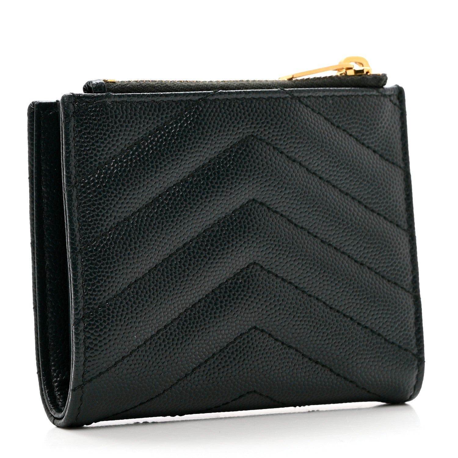 Saint Laurent Grain De Poudre Matelasse Chevron Monogram Zipped Card Case Green 3 of 7