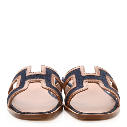 Hermes Calfskin Denim Oran Sandals 37 Bleu Brut Gold 2 of 9