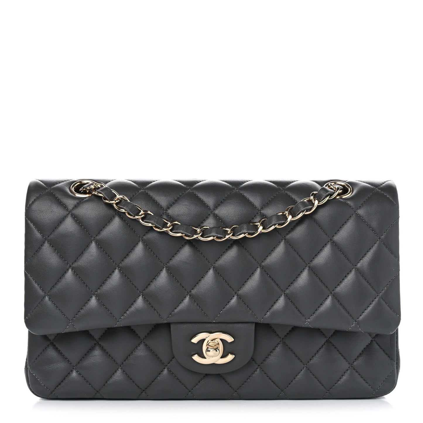 Lambskin Quilted Medium Double Flap Dark Grey