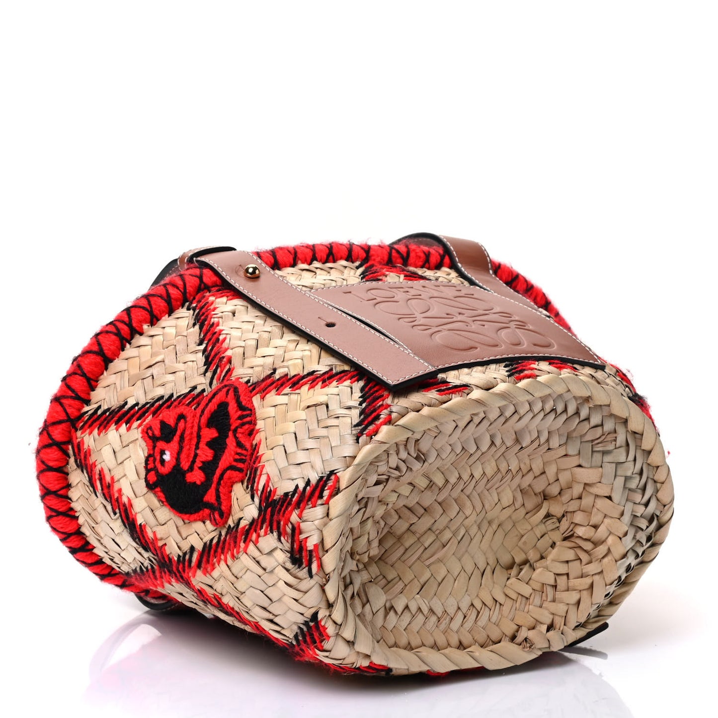 Embroidered Raffia Basket Tote Bag Natural Tan Red