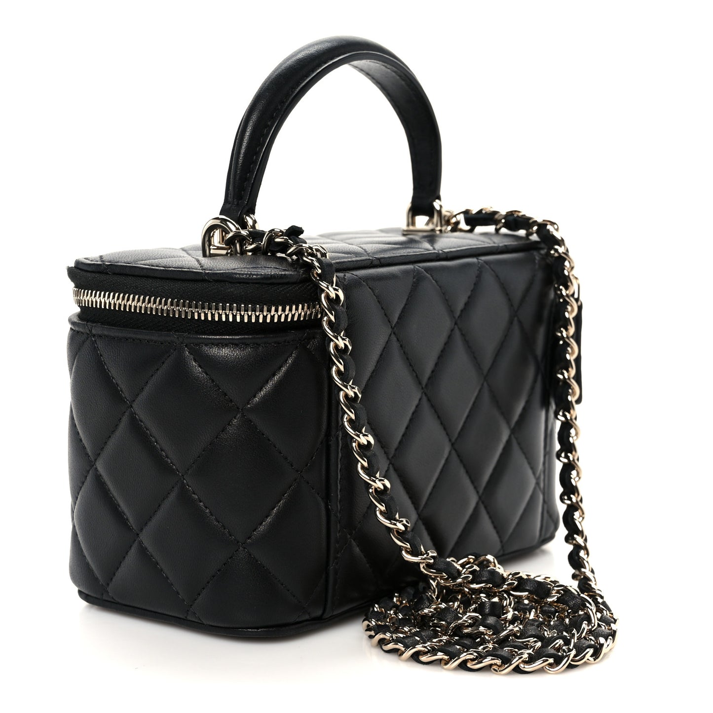 Lambskin Quilted Small Top Handle Vanity Case With Chain Black