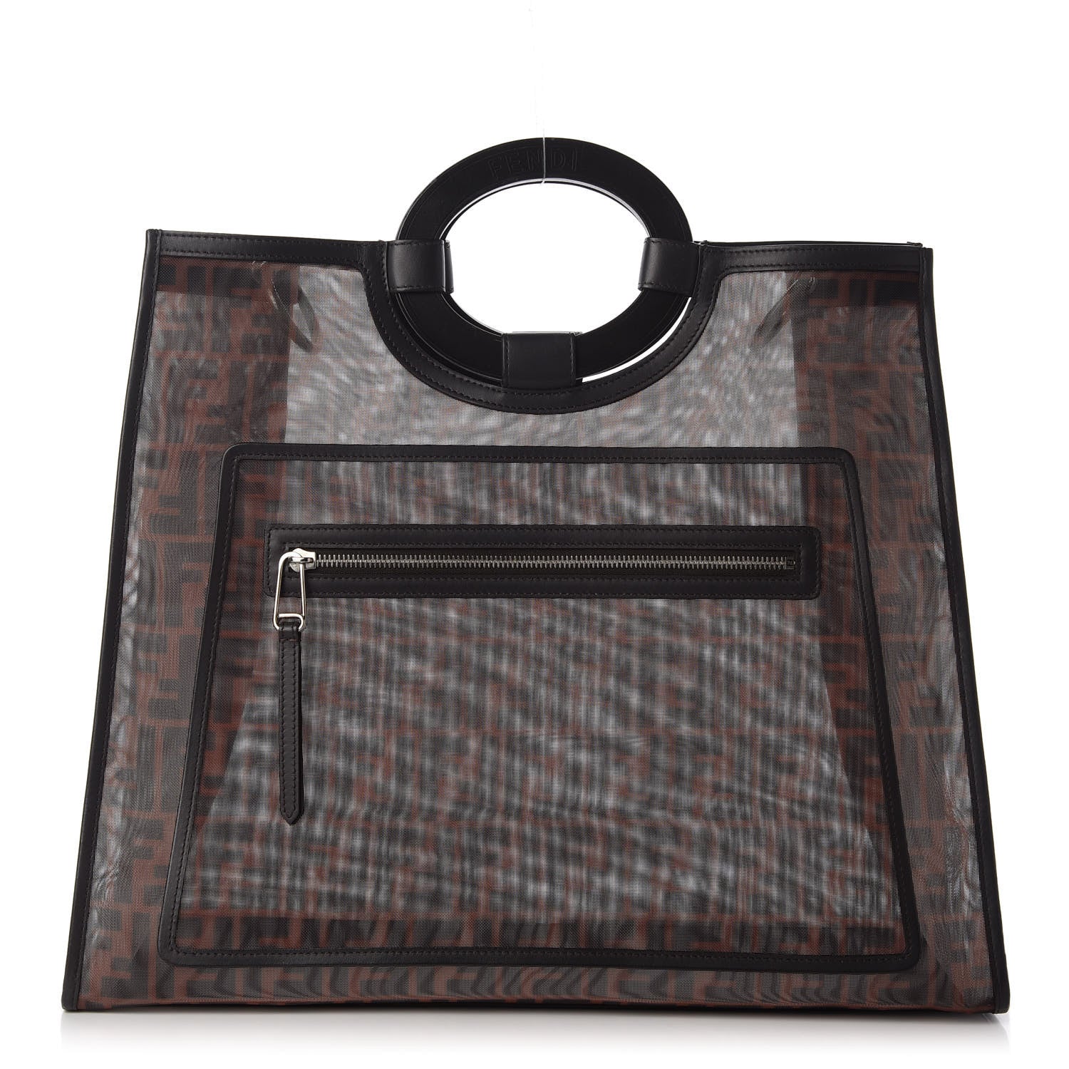 Fendi Mesh Vitello Century Cuoio FF 1974 Large Runaway Shopper Tote Marrone Black Ebano 1 of 9