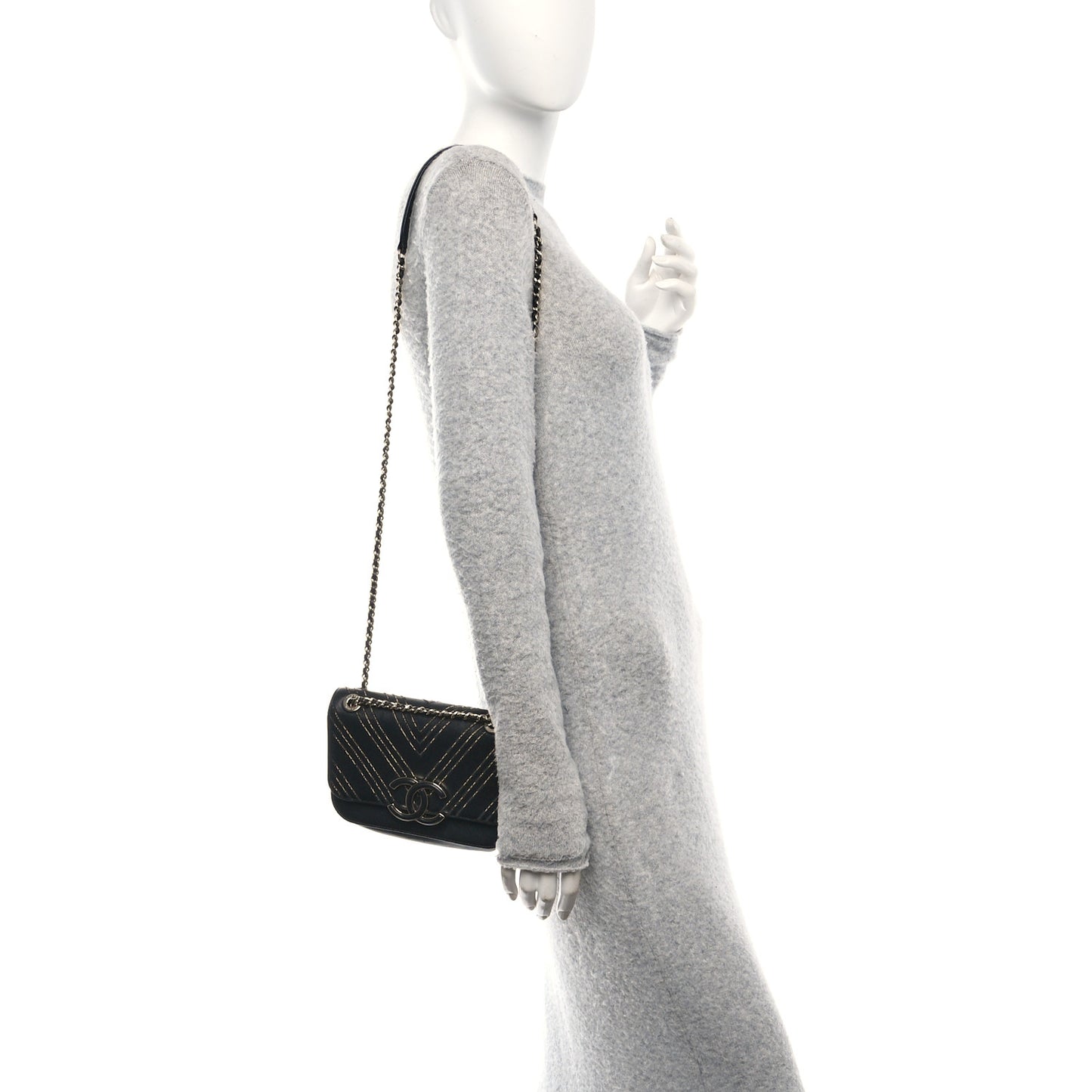 Calfskin Chevron Beaded Chain Mini Square Flap Black