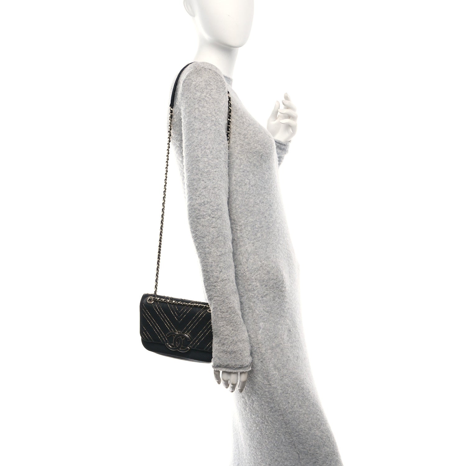 Chanel Calfskin Chevron Beaded Chain Mini Square Flap Black 2 of 11