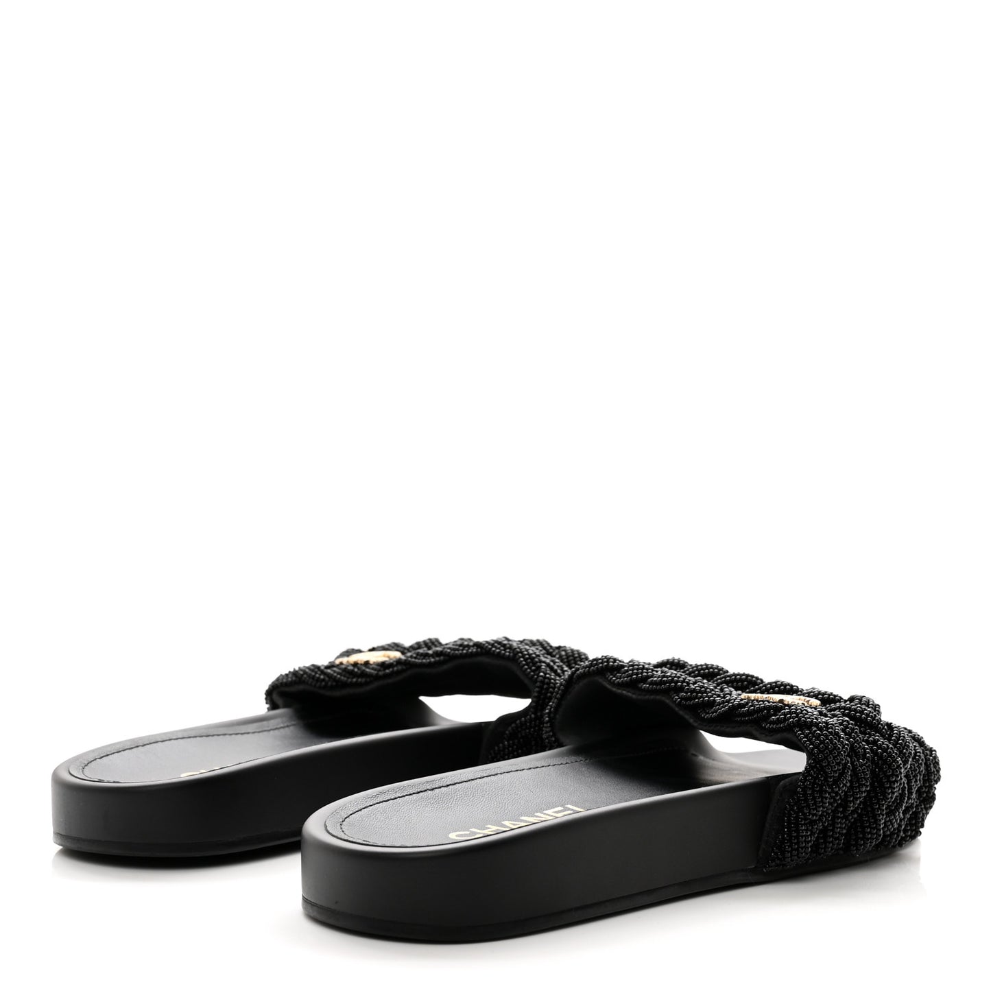 Lambskin Pearl Beaded Woven Slides 38 Black