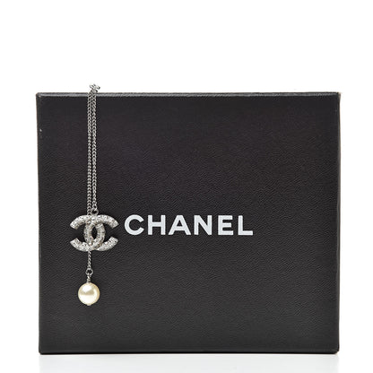 Chanel Baguette Crystal Pearl CC Lariat Necklace Silver 6 of 6
