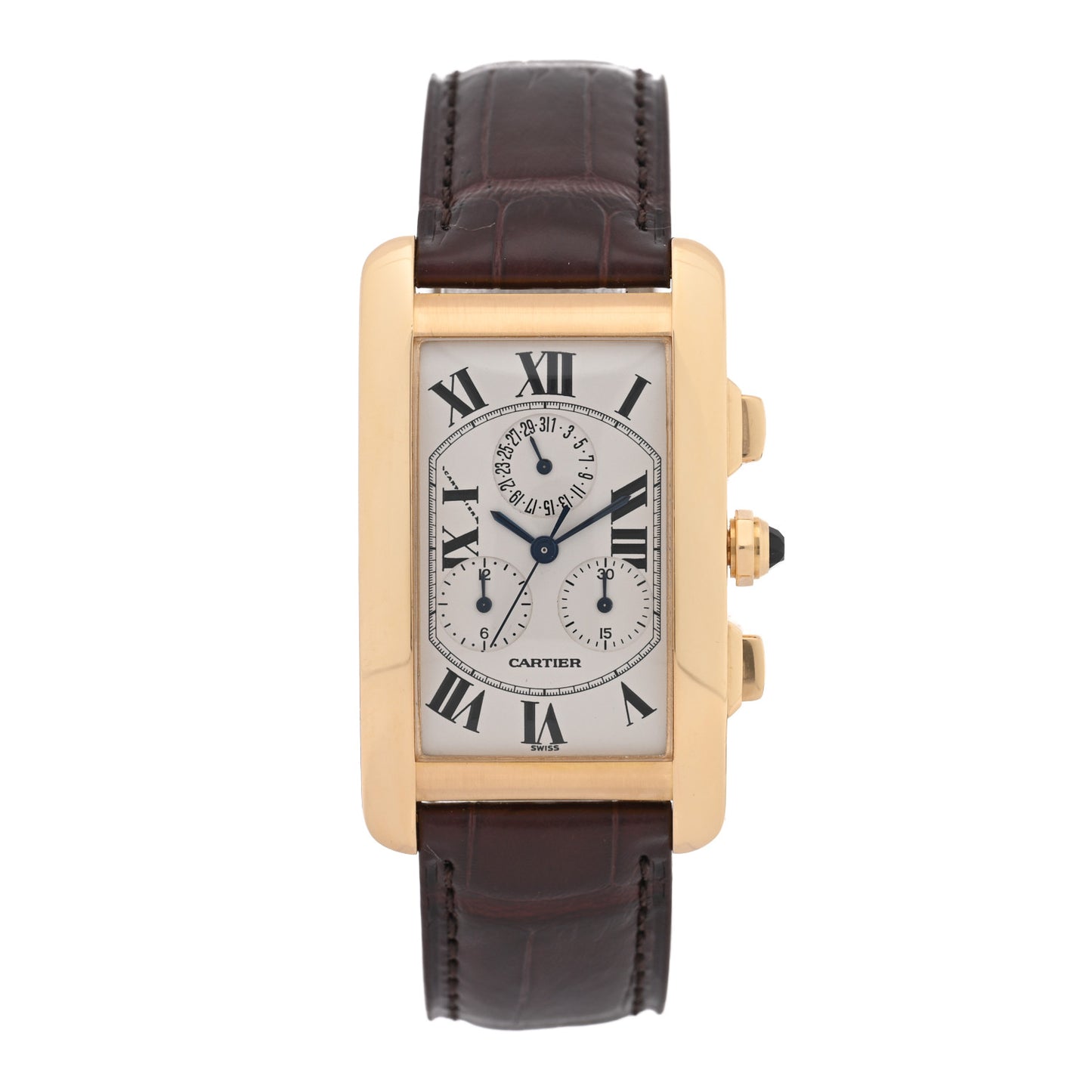 18K Yellow Gold Alligator 26mm Tank Americaine Quartz Watch Brown