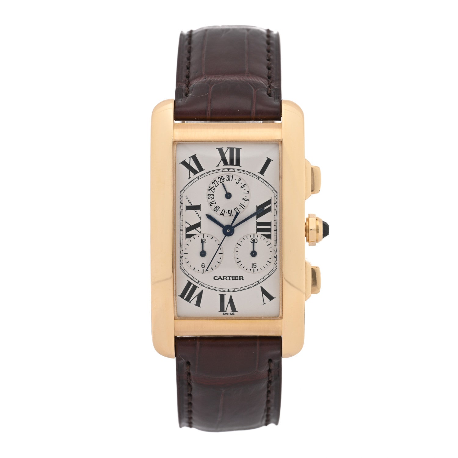 Cartier 18K Yellow Gold Alligator 26mm Tank Americaine Quartz Watch Brown 1 of 4