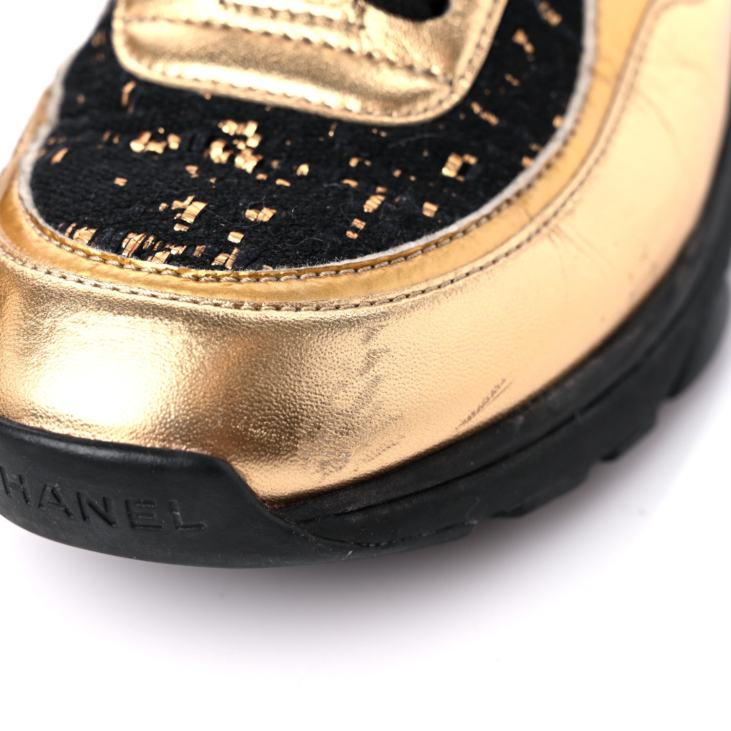 Chanel Satin Lambskin Fabric Tweed CC Sneakers 35.5 Gold Black 9 of 11