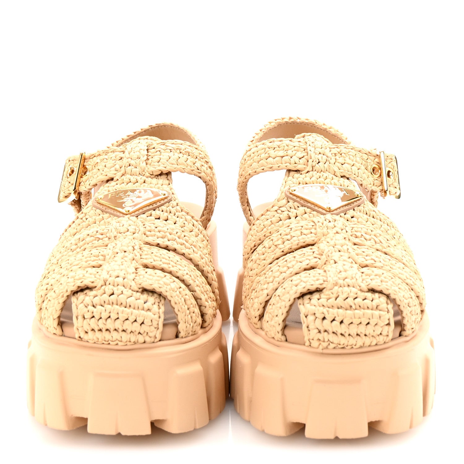 Prada Yarn Raffia Effect Metal Triangle Logo Crochet Monolith 55mm Cage Sandals 35 Naturale 3 of 10