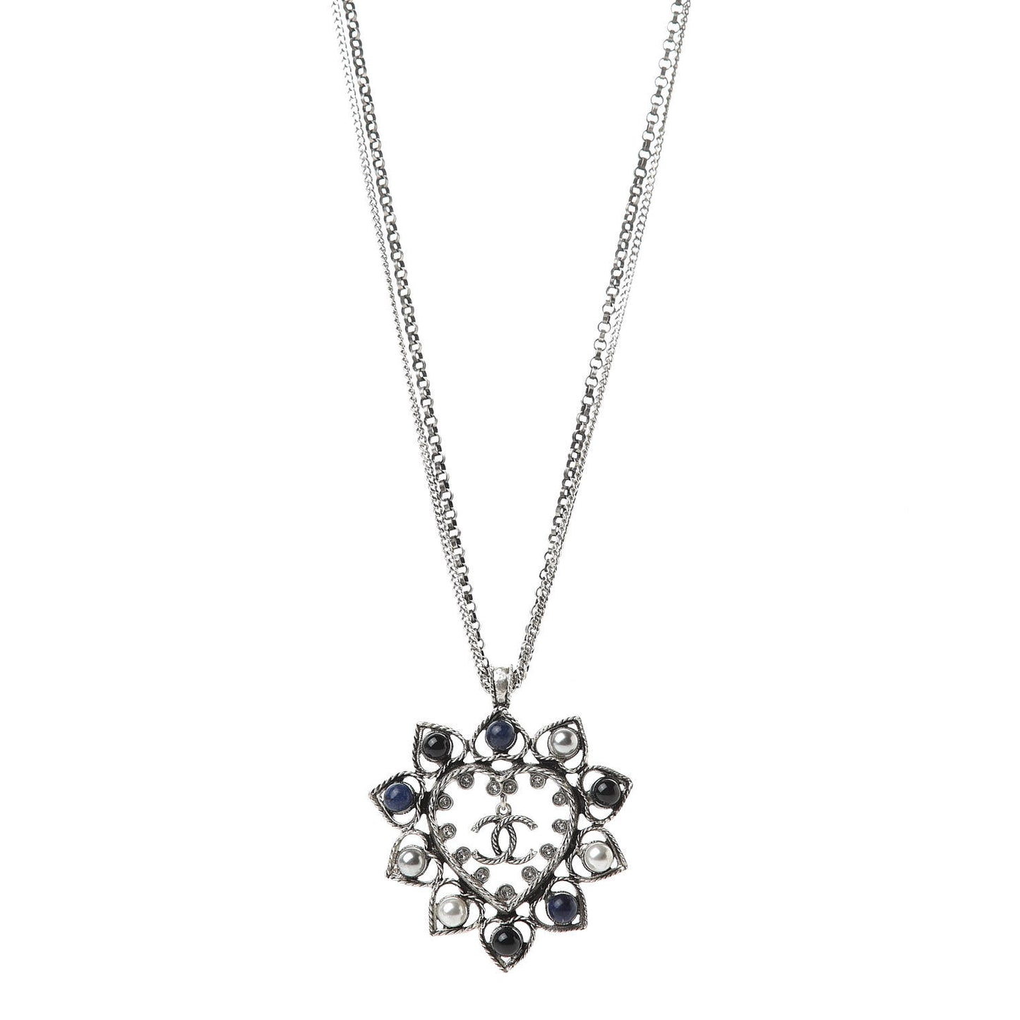 Crystal Pearl Bead CC Heart Pendant Chain Necklace Silver