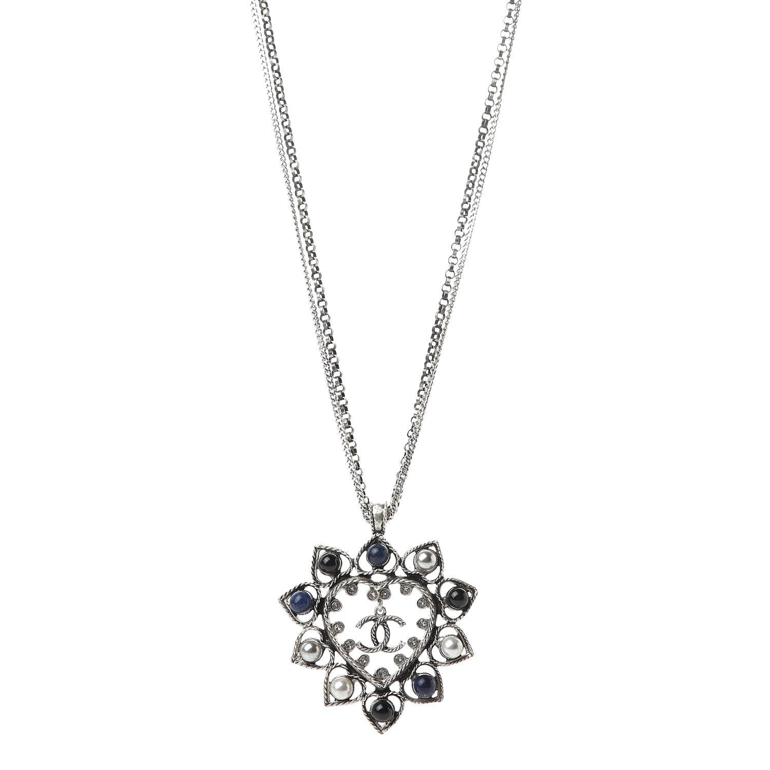Chanel Crystal Pearl Bead CC Heart Pendant Chain Necklace Silver 1 of 6