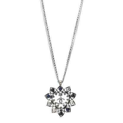 Chanel Crystal Pearl Bead CC Heart Pendant Chain Necklace Silver 1 of 6