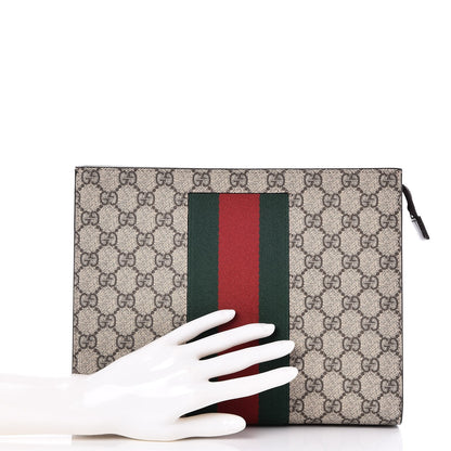 Gucci GG Supreme Monogram Selleria Calfskin Web New Web Cosmetic Case Beige Ebony Cocoa 2 of 7