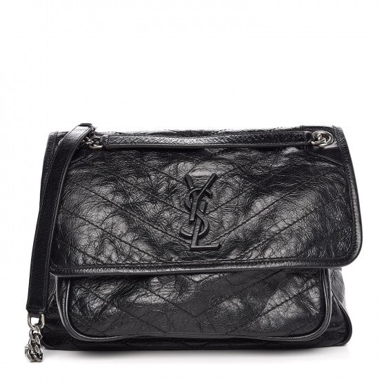 Crinkled Calfskin Matelasse Monogram Medium Niki Chain Satchel Black