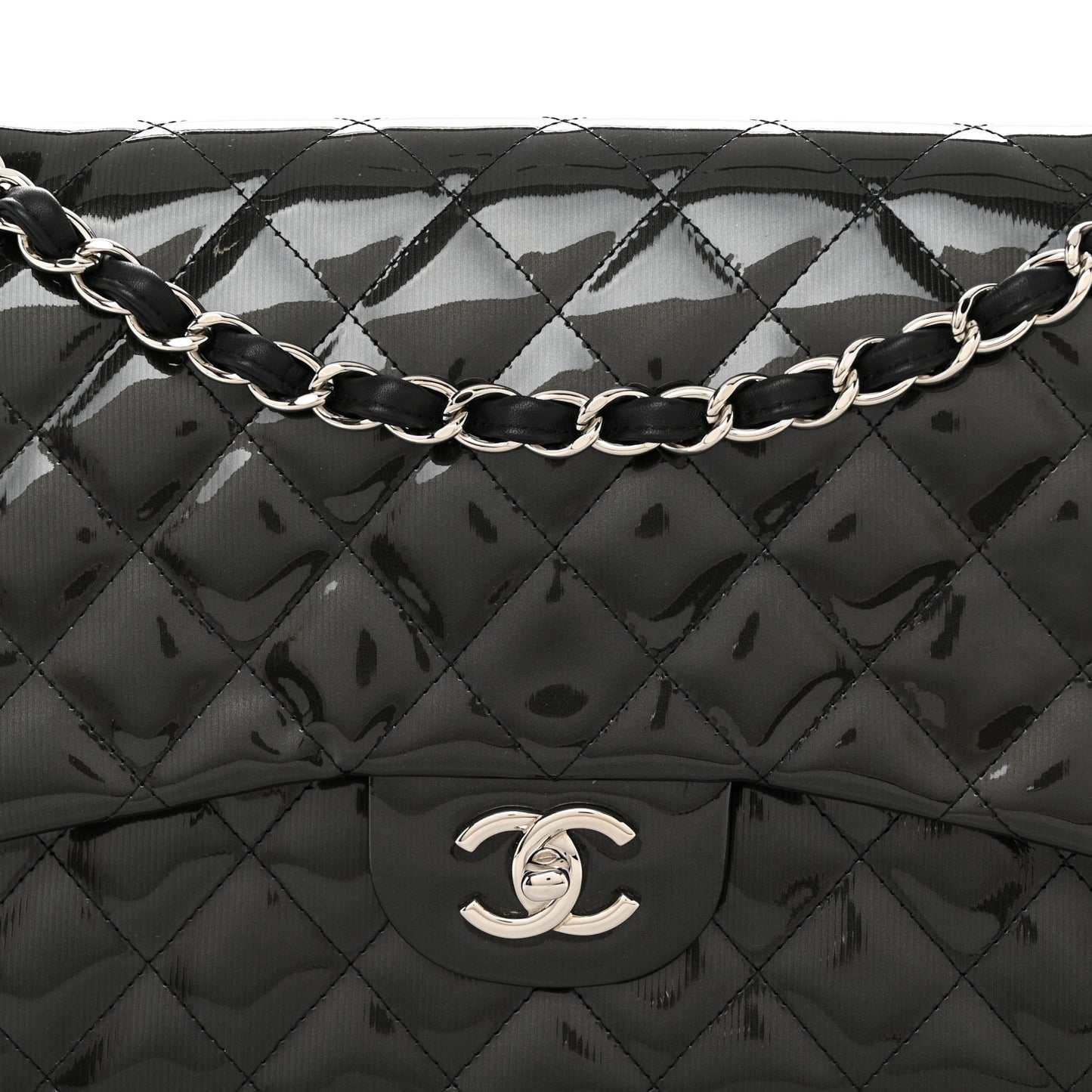 Striated Patent Quilted Jumbo Double Flap Black