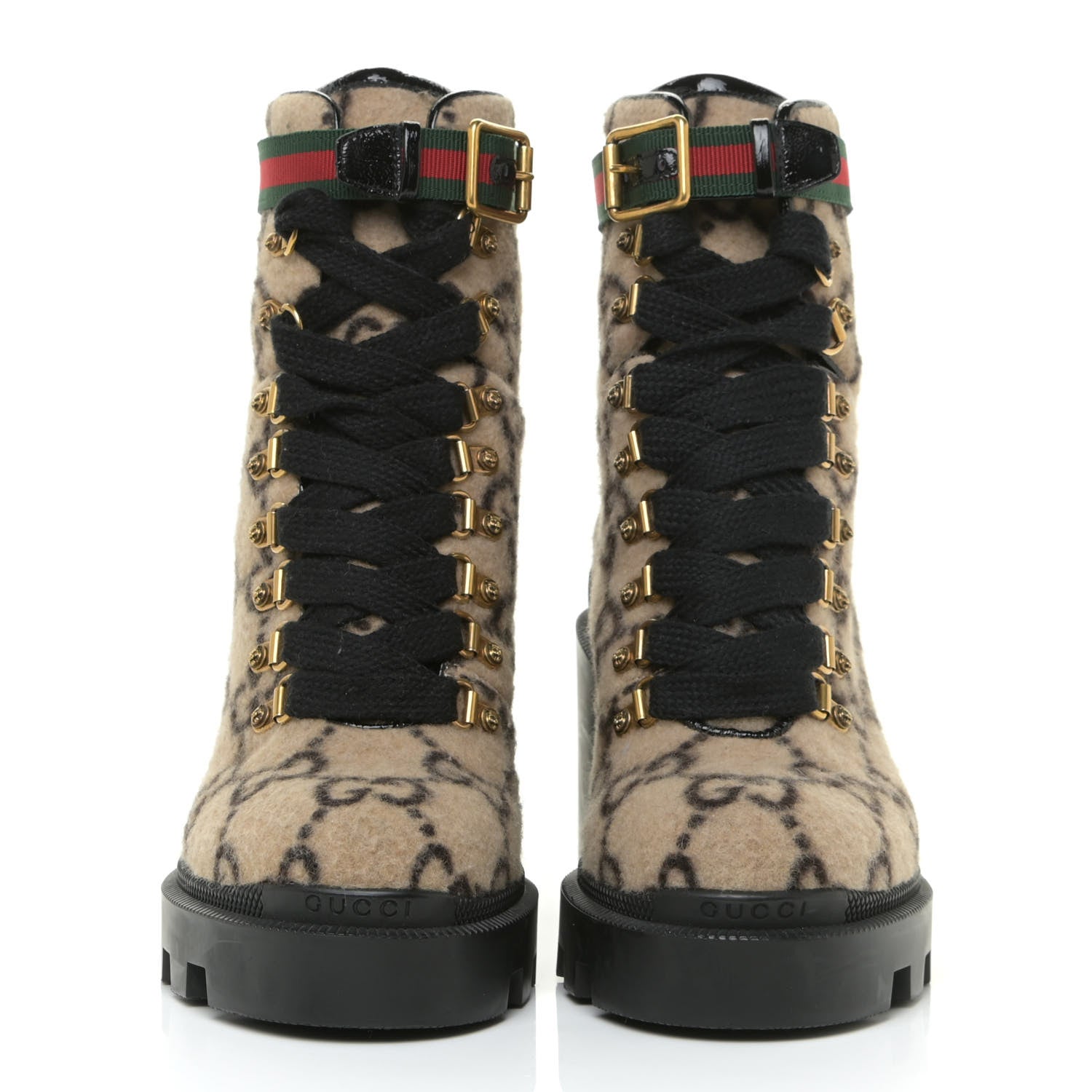 Gucci Covered Wool GG Monogram Womens Lace Up Combat Ankle Boots 37 Beige Ebony Black 2 of 14