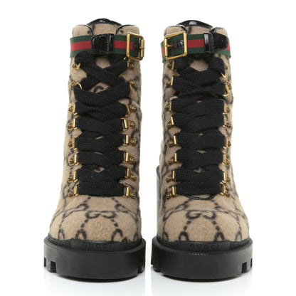 Gucci Covered Wool GG Monogram Womens Lace Up Combat Ankle Boots 37 Beige Ebony Black 2 of 14