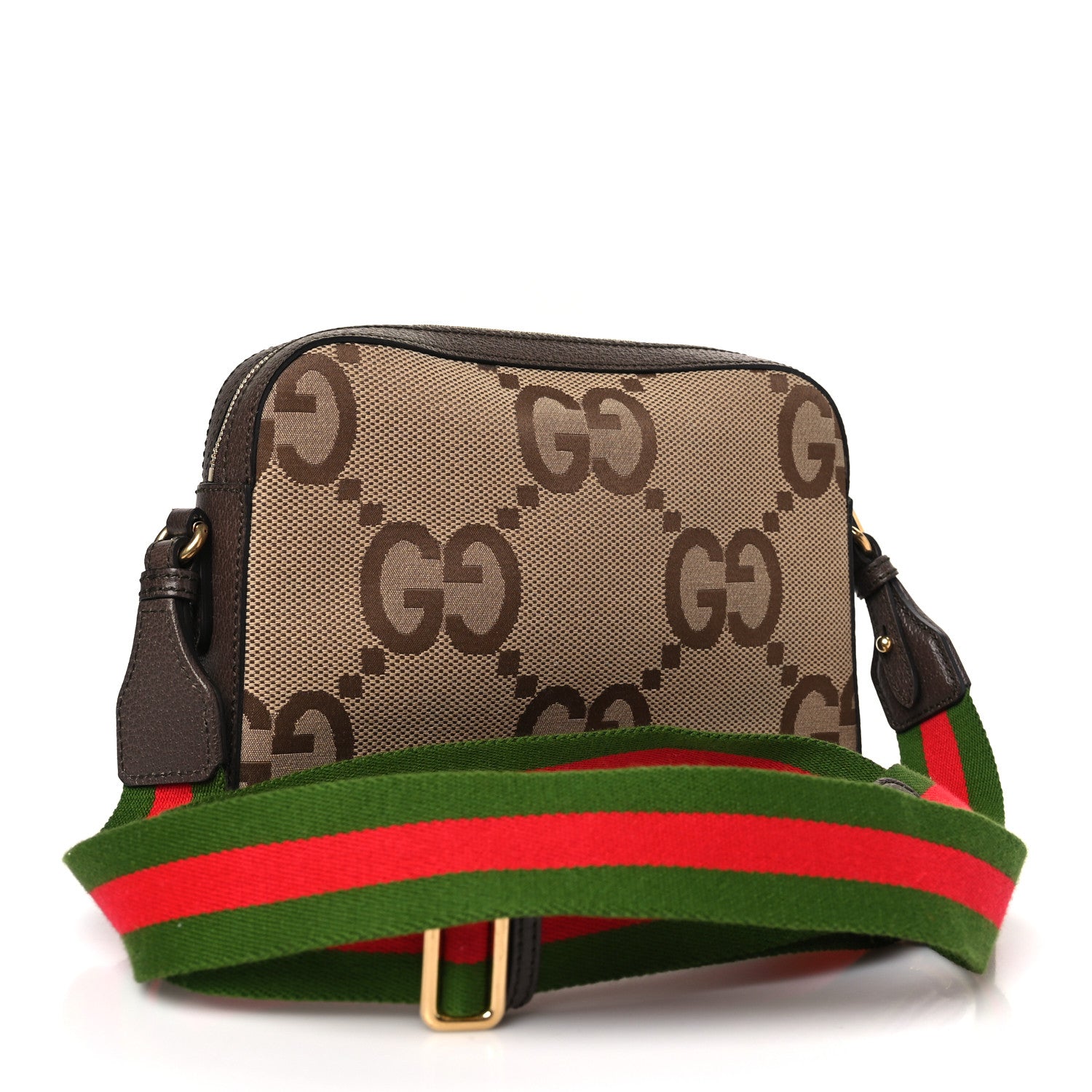 Gucci Monogram Jumbo GG Textured Dollar Calfskin Web Messenger Shoulder Bag Camel Ebony New Acero 3 of 9