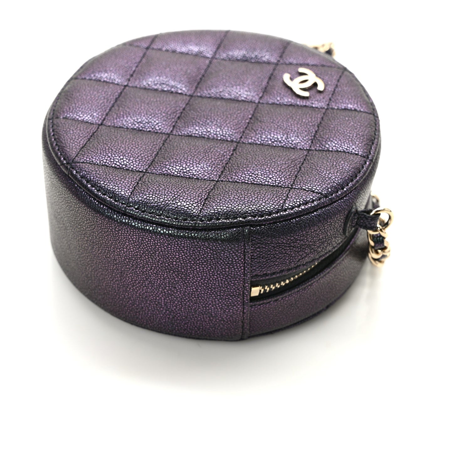 Iridescent Caviar Quilted Round Clutch With Chain Black