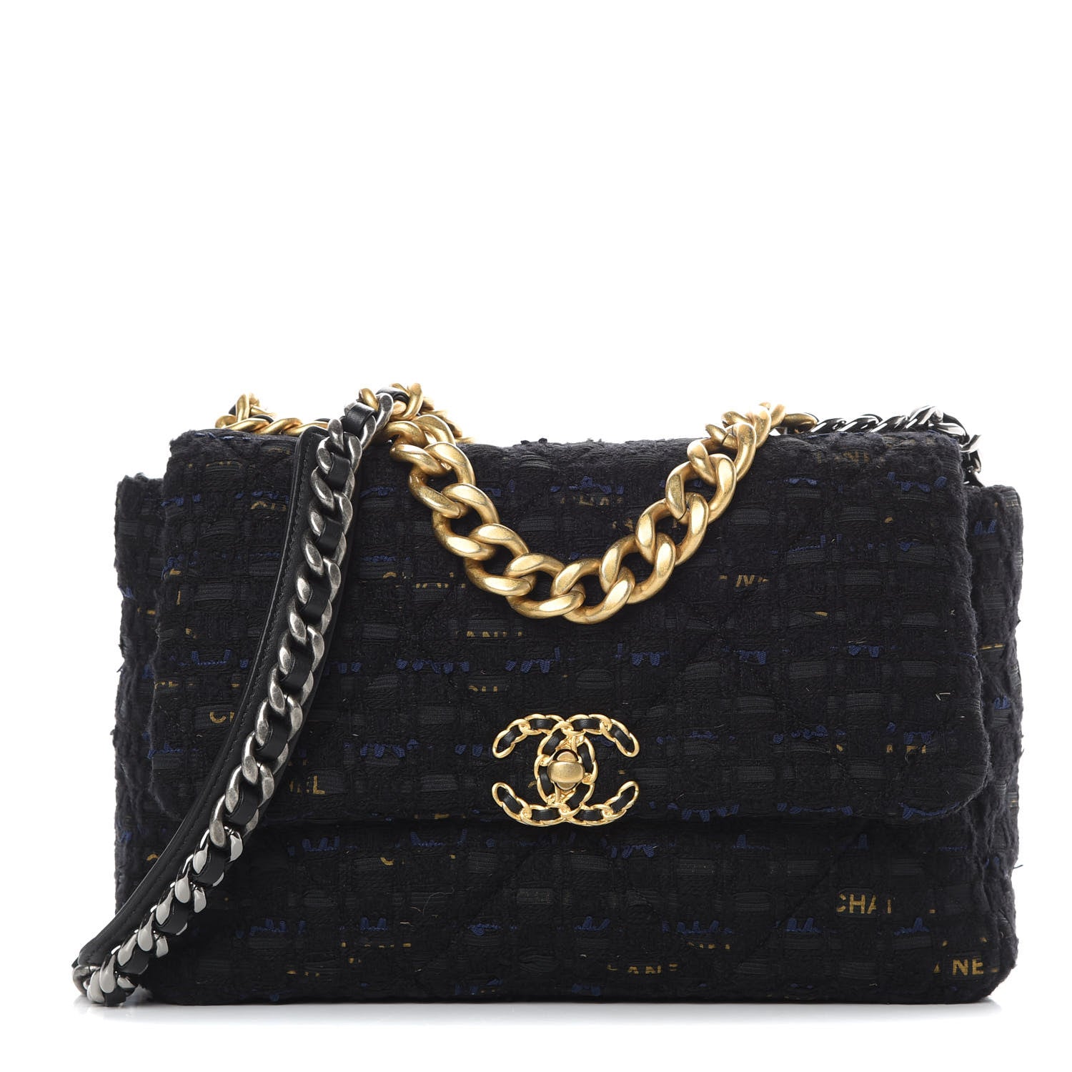 Chanel Tweed Quilted Large 19 Flap Black Navy Gold 1 of 11