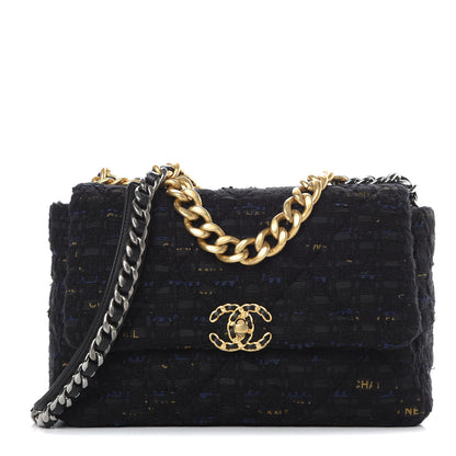 Chanel Tweed Quilted Large 19 Flap Black Navy Gold 1 of 11