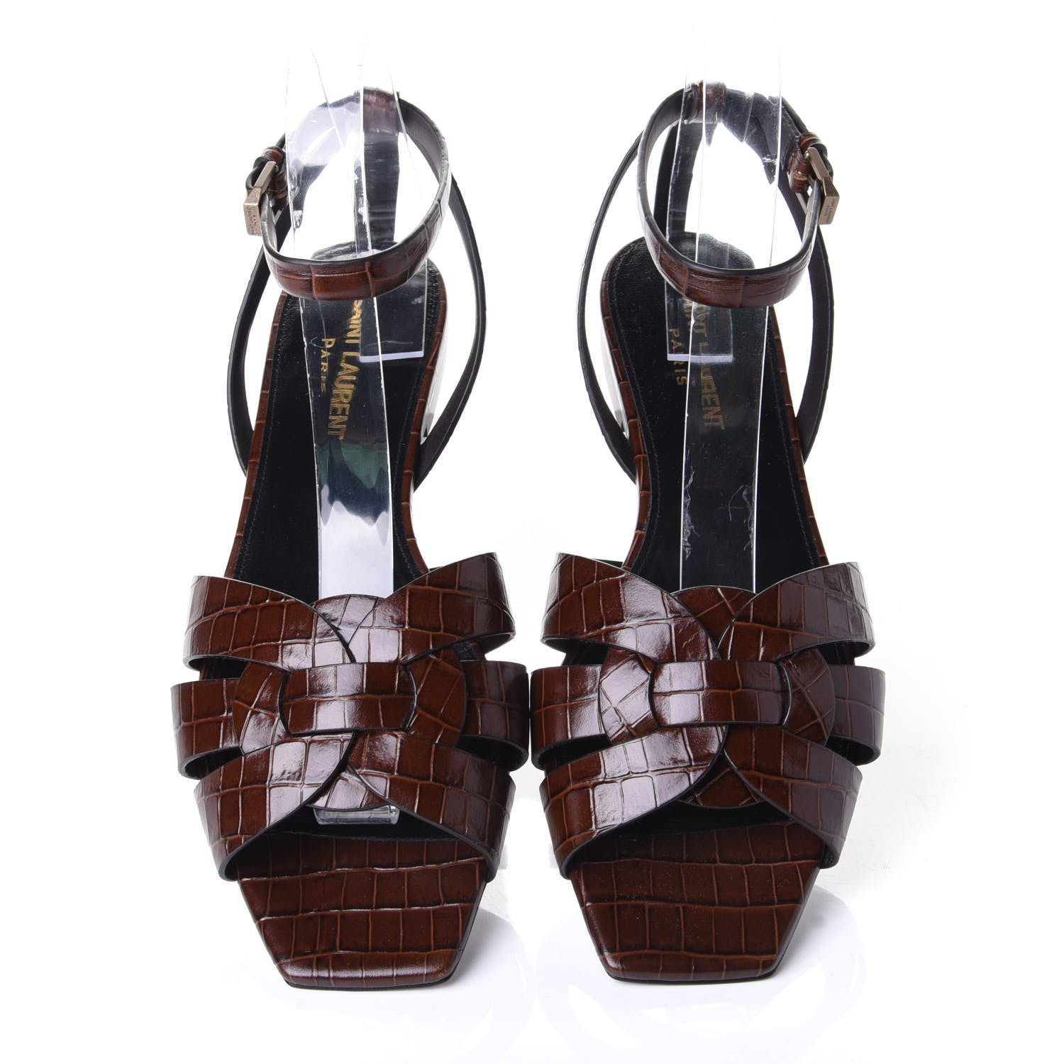 Saint Laurent Calfskin Crocodile Embossed Tribute 05 Ankle Strap Sandals 38.5 Moro 5 of 11