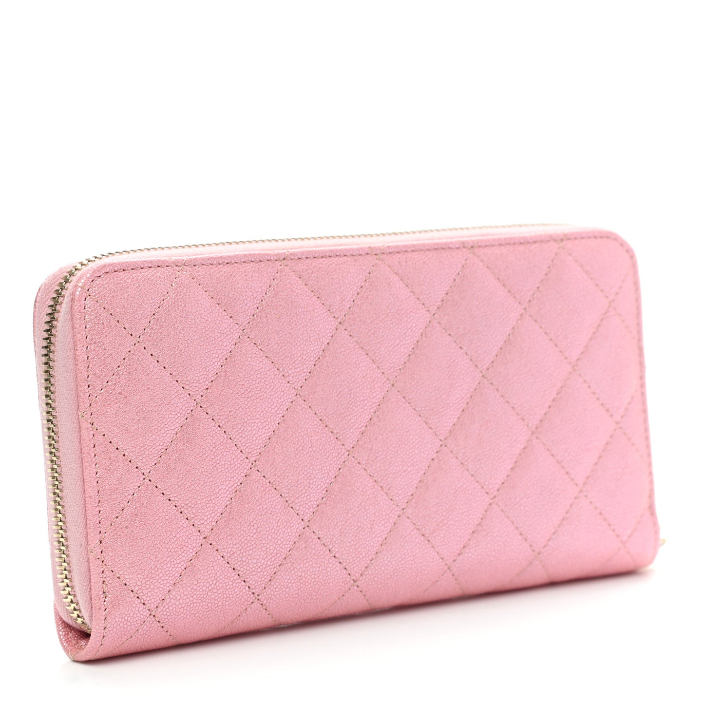 Iridescent Caviar Quilted Large Zip Around Wallet Pink