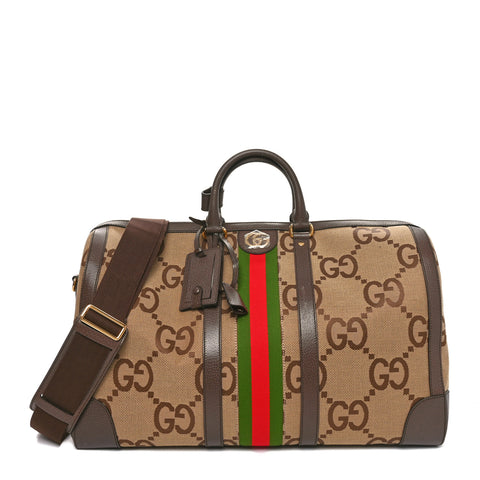 Monogram Jumbo GG Textured Dollar Calfskin Web Large Duffle Bag Camel Ebony
