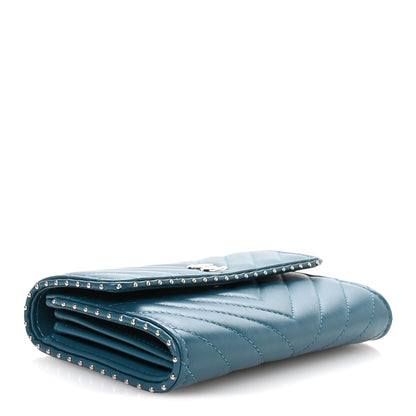 Chanel Lambskin Chevron Quilted Studded Small Flap Wallet Teal 4 of 9