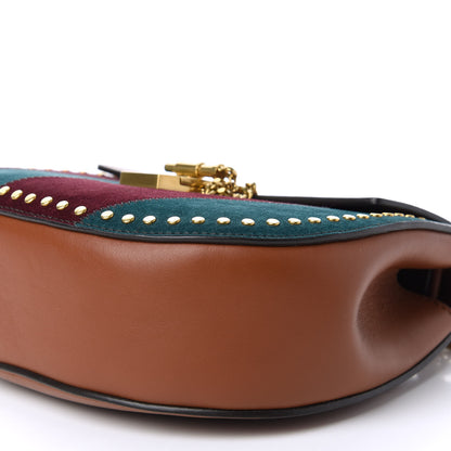 Chloe Suede Calfskin Striped Patchwork Studded Drew Shoulder Bag Caramel Multicolor 7 of 9