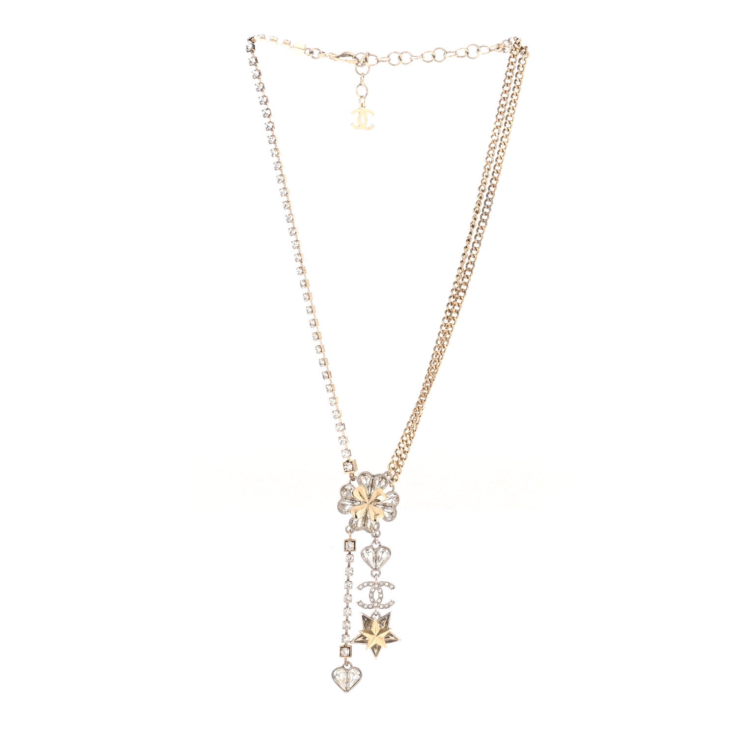 Chanel Crystal Clover Heart Star CC Drop Necklace Silver Gold 3 of 7
