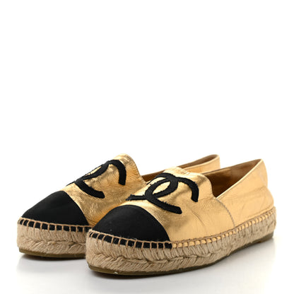 Chanel Laminated Lambskin Grosgrain CC Espadrilles 35 Gold Black 3 of 9