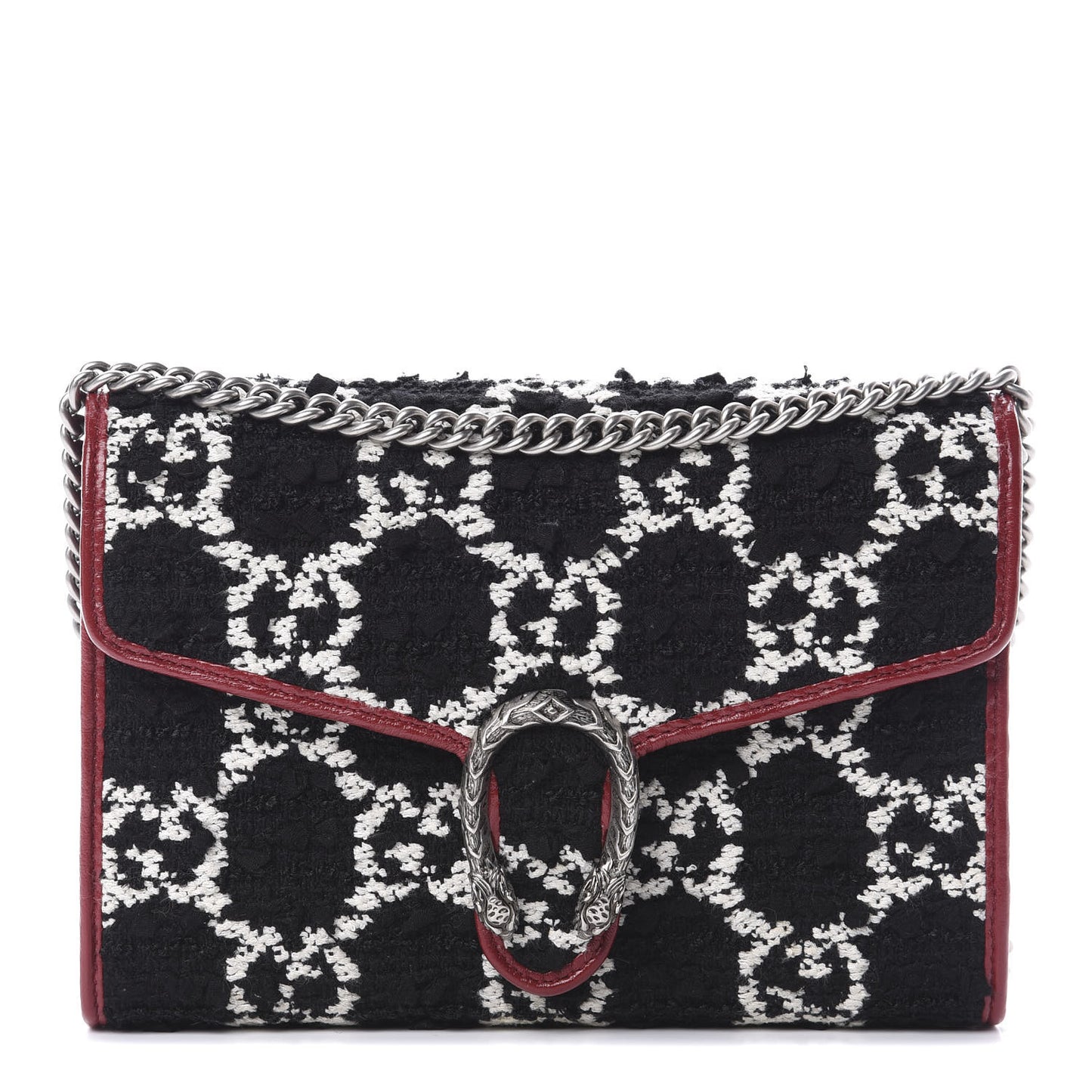 Tweed GG Monogram Mini Dionysus Chain Wallet Black White Romantic Cherry