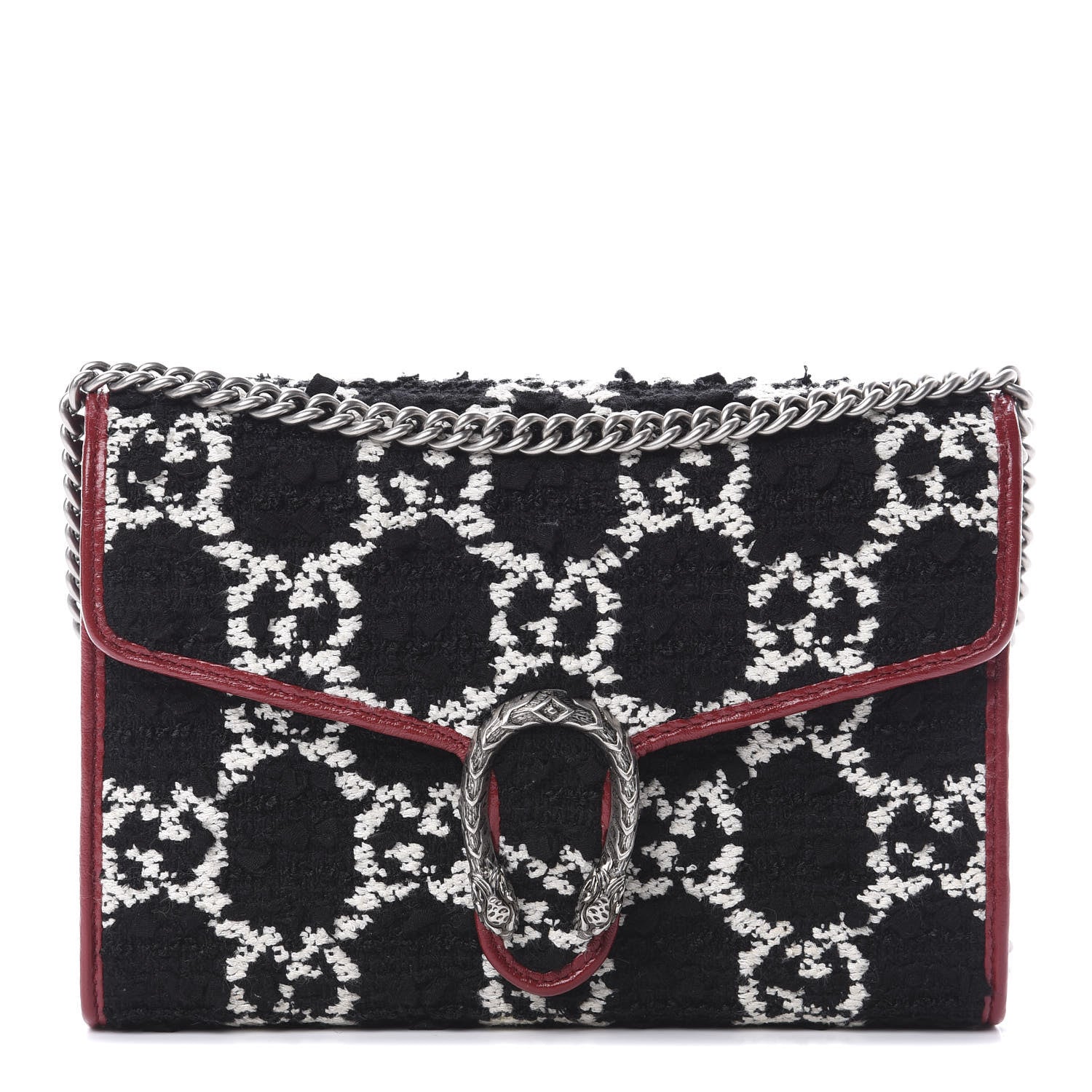 Gucci Tweed GG Monogram Mini Dionysus Chain Wallet Black White Romantic Cherry 1 of 11