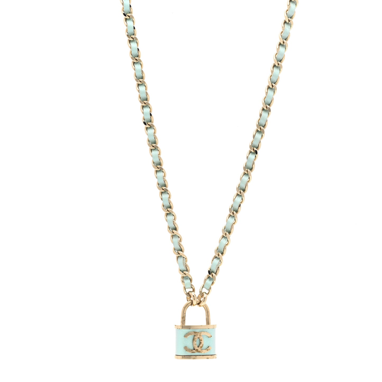 Calfskin Metal Padlock Necklace Gold Iridescent Blue