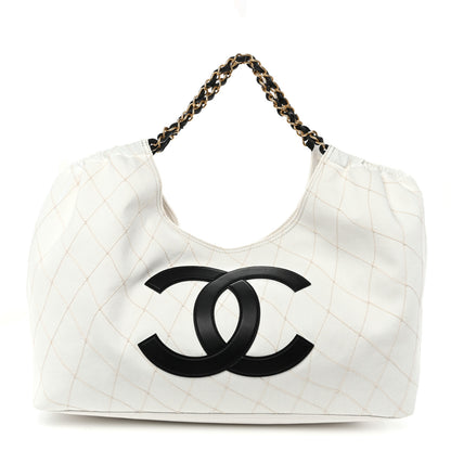 Chanel Denim Calfskin Quilted Coco Beach Small Shopping Tote White Black 1 of 11
