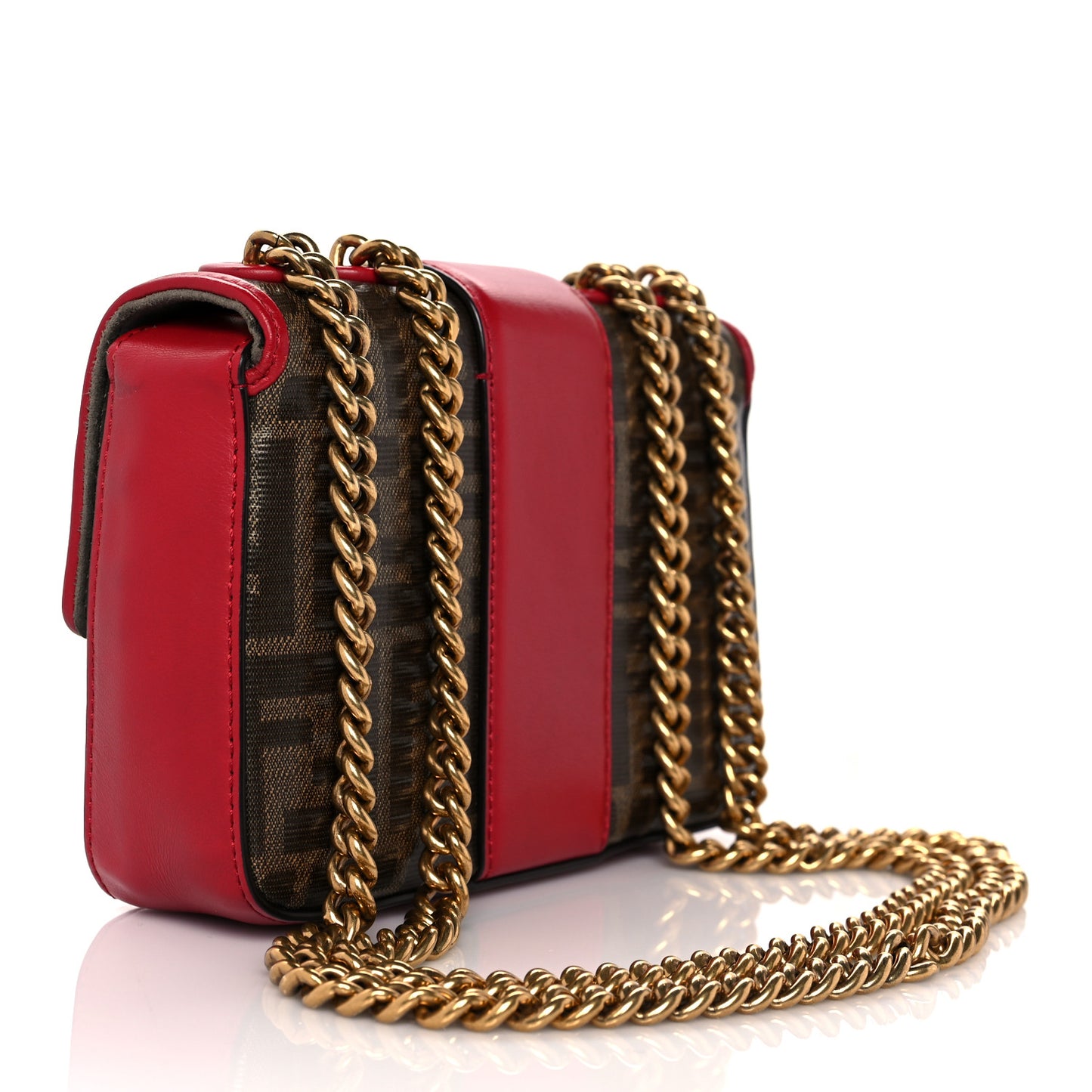 Glazed Fabric Vitello Century FF 1974 Stamp Patch Mini Double F Crossbody Bag Mogano Panna Fragola