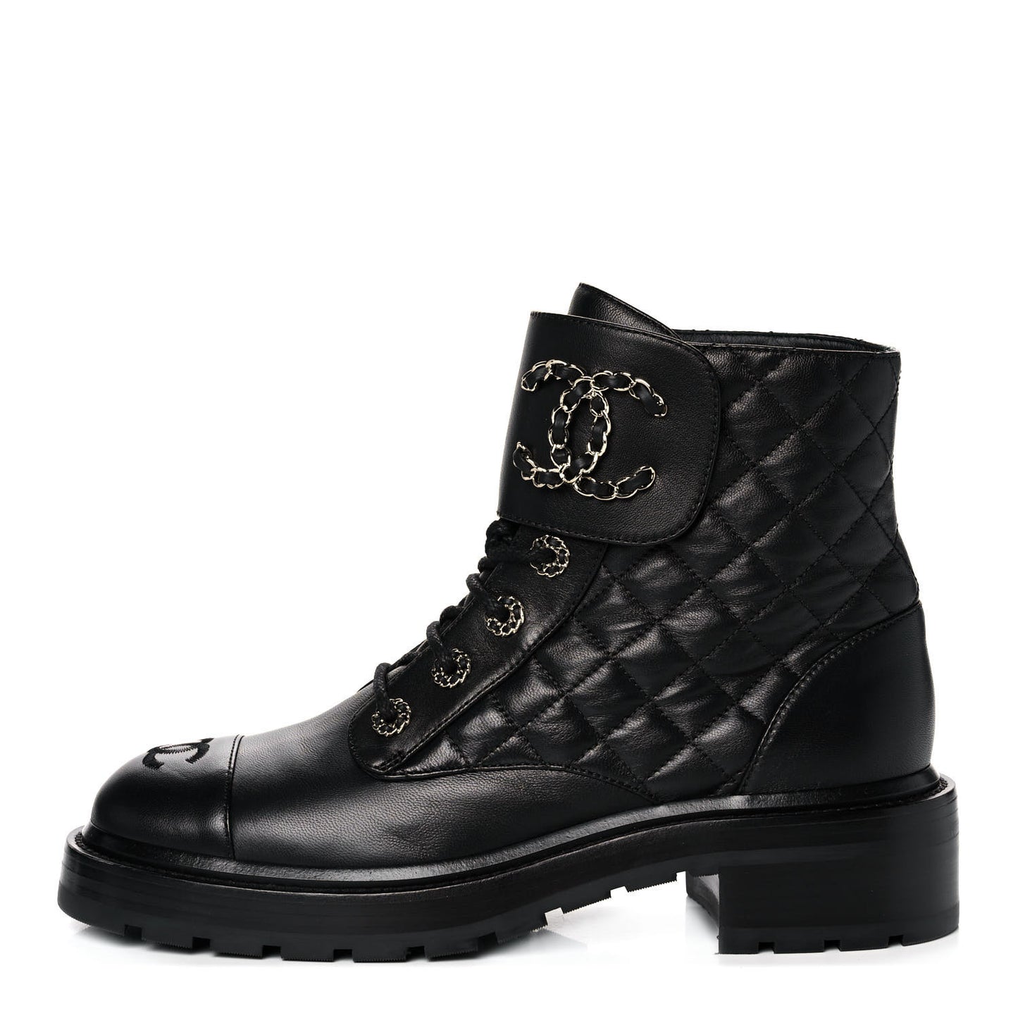Shiny Lambskin Quilted Lace Up Combat Boots 39 Black