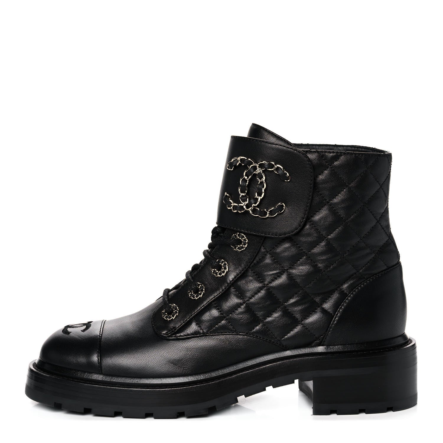 Chanel Shiny Lambskin Quilted Lace Up Combat Boots 39 Black 1 of 9