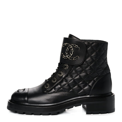 Chanel Shiny Lambskin Quilted Lace Up Combat Boots 39 Black 1 of 9